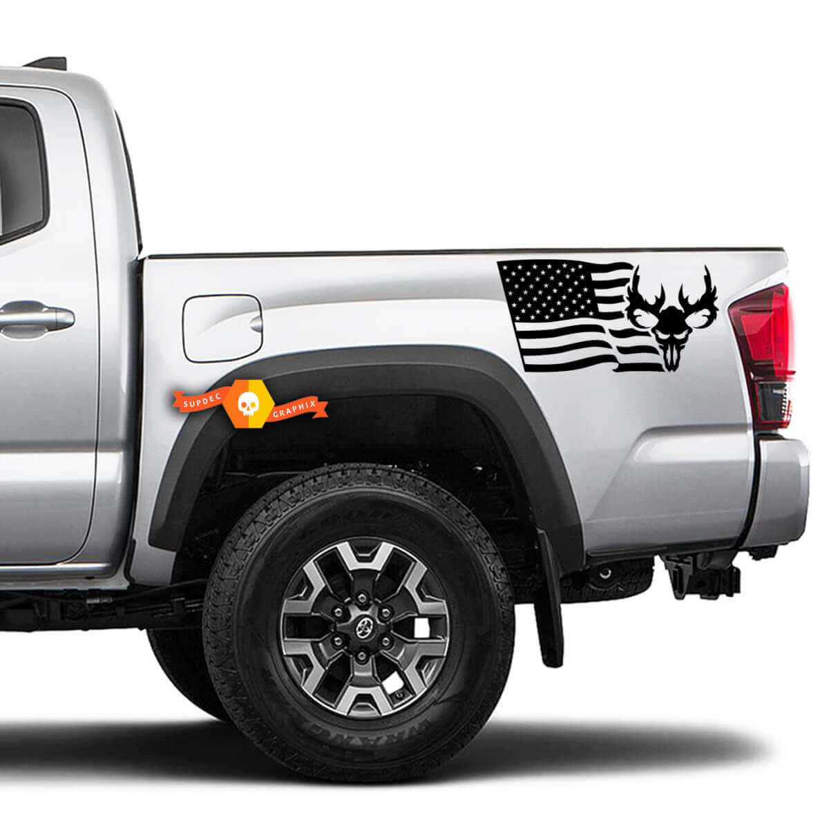 2 side USA vlag schedel hoorn jacht 4 x 4 Toyota Racing Tacoma decal vinyl sticker
