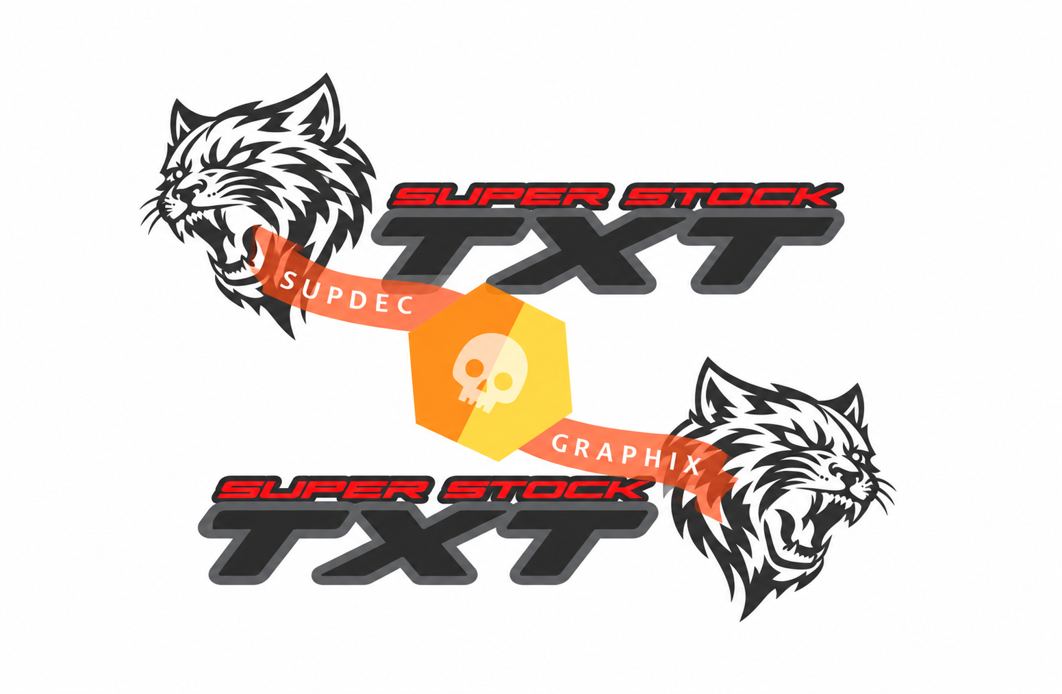 Set van twee Super Stock TXT vinyl zijstickers met aangepaste kattenkop voor Dodge Challenger SRT, Hellcat