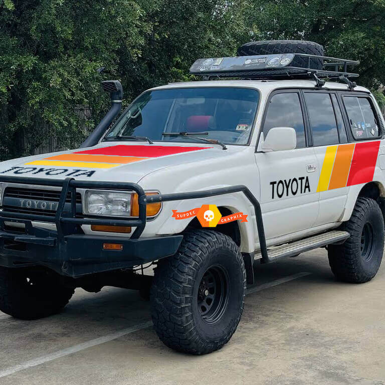 Retro stijl motorkap- & zijstrepen vinyl decal kit voor Toyota Land Cruiser 1991
