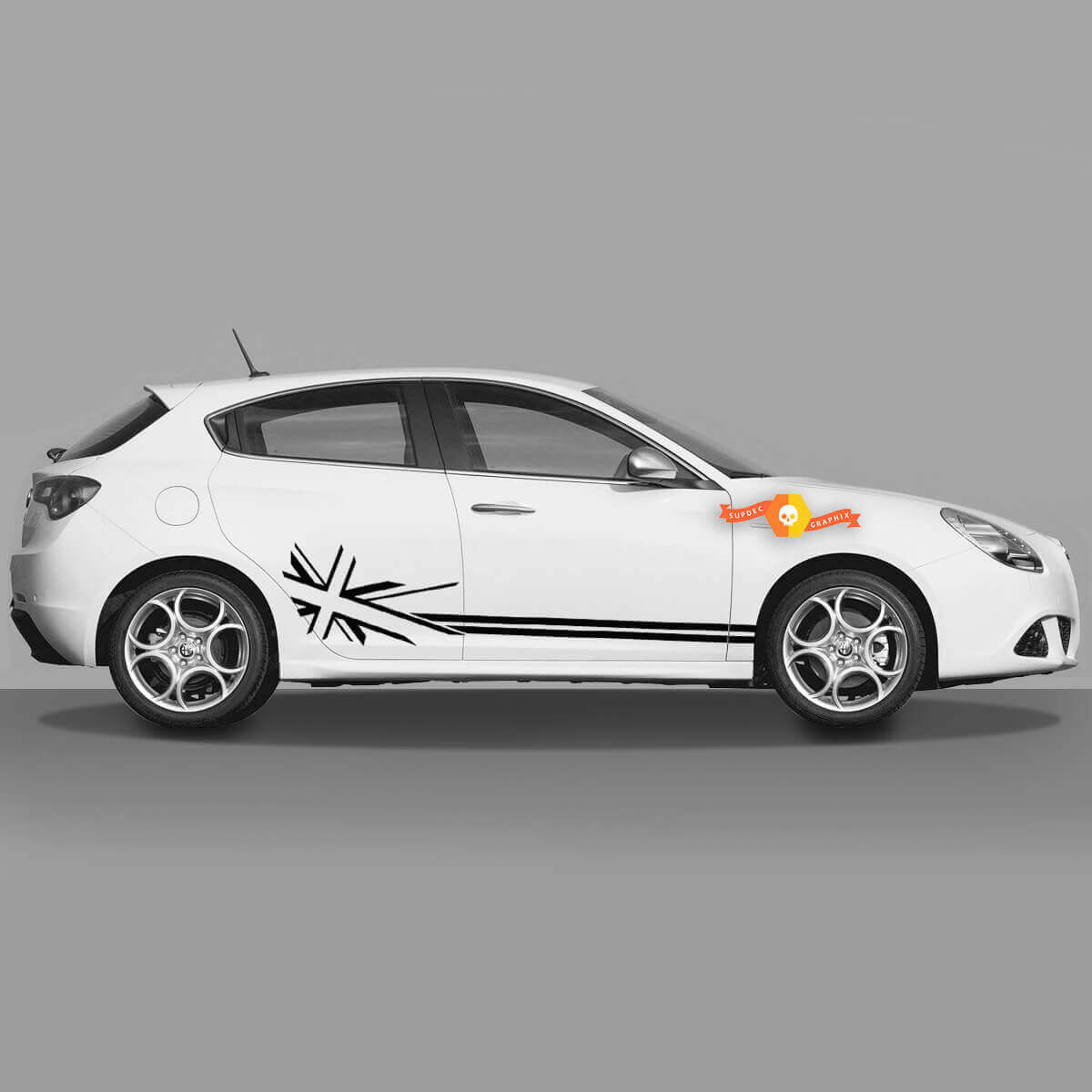 Paar Alfa Romeo Giulietta Grafische Vinyl stickers Britse vlag op deuren
