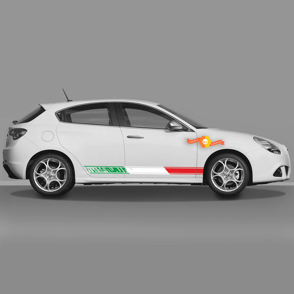 2x deuren Body Decal Past Alum Romeo Giulietta Decals Vinyl Graphics, Italiaanse vlag, Brand Day