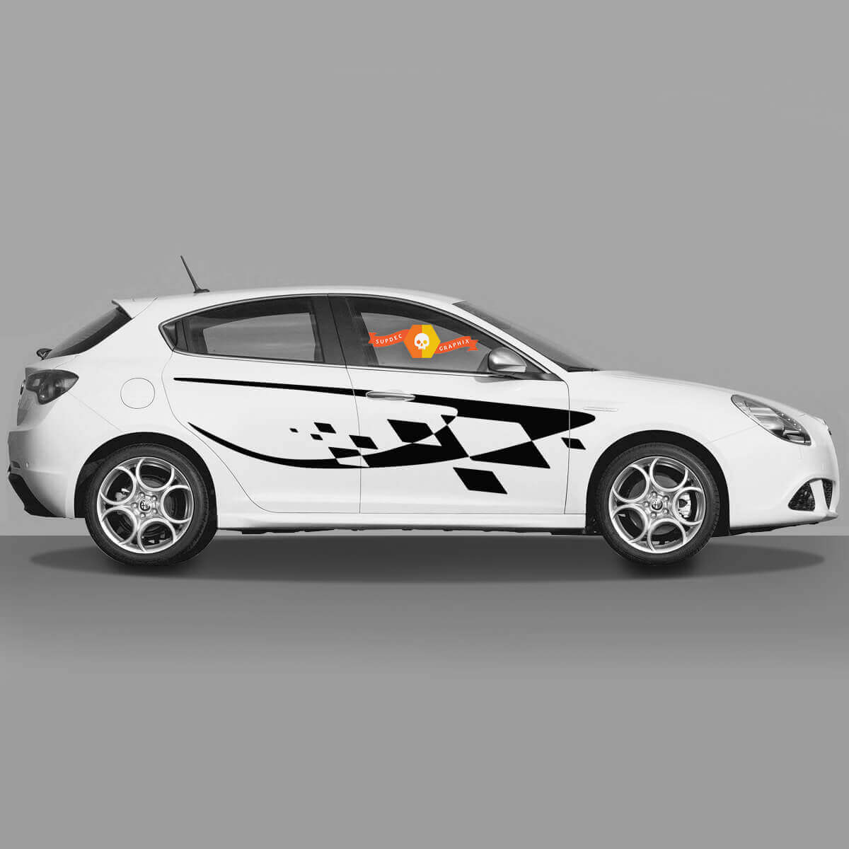 Paar vinylstickers met geblokte vlag voor de zijdeuren van Alfa Romeo in moderne stijl 2022
