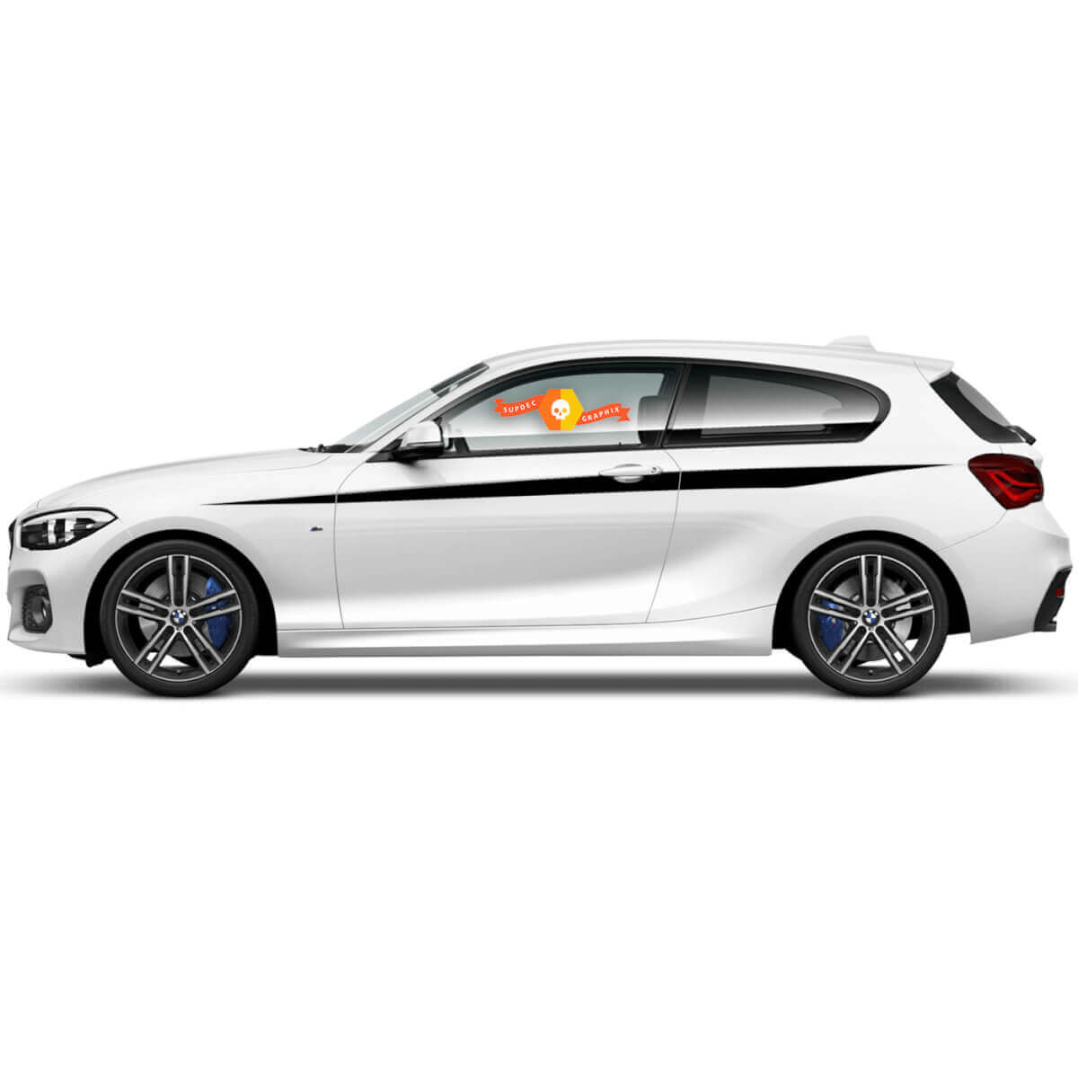 Paar Vinyl Decals Grafische Stickers voor de zijkant van BMW 1 Serie 2015 zwart gesneden

