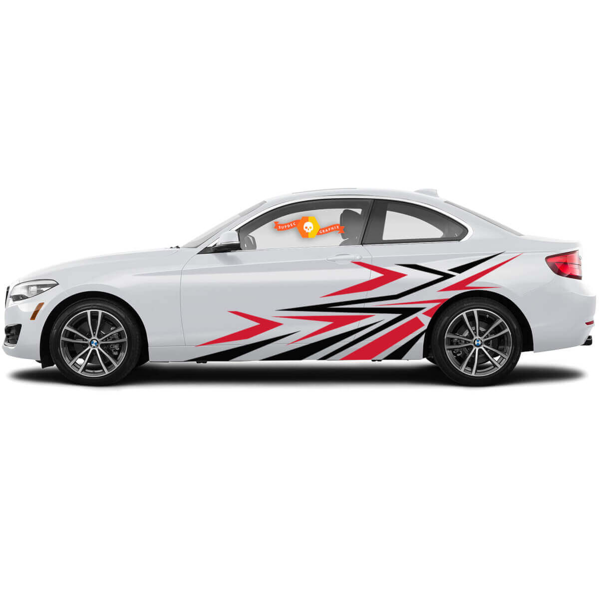 Paar vinylstickers grafische stickers voor de zijkant van BMW 1 Serie 2015 Rood zwart scheuren

