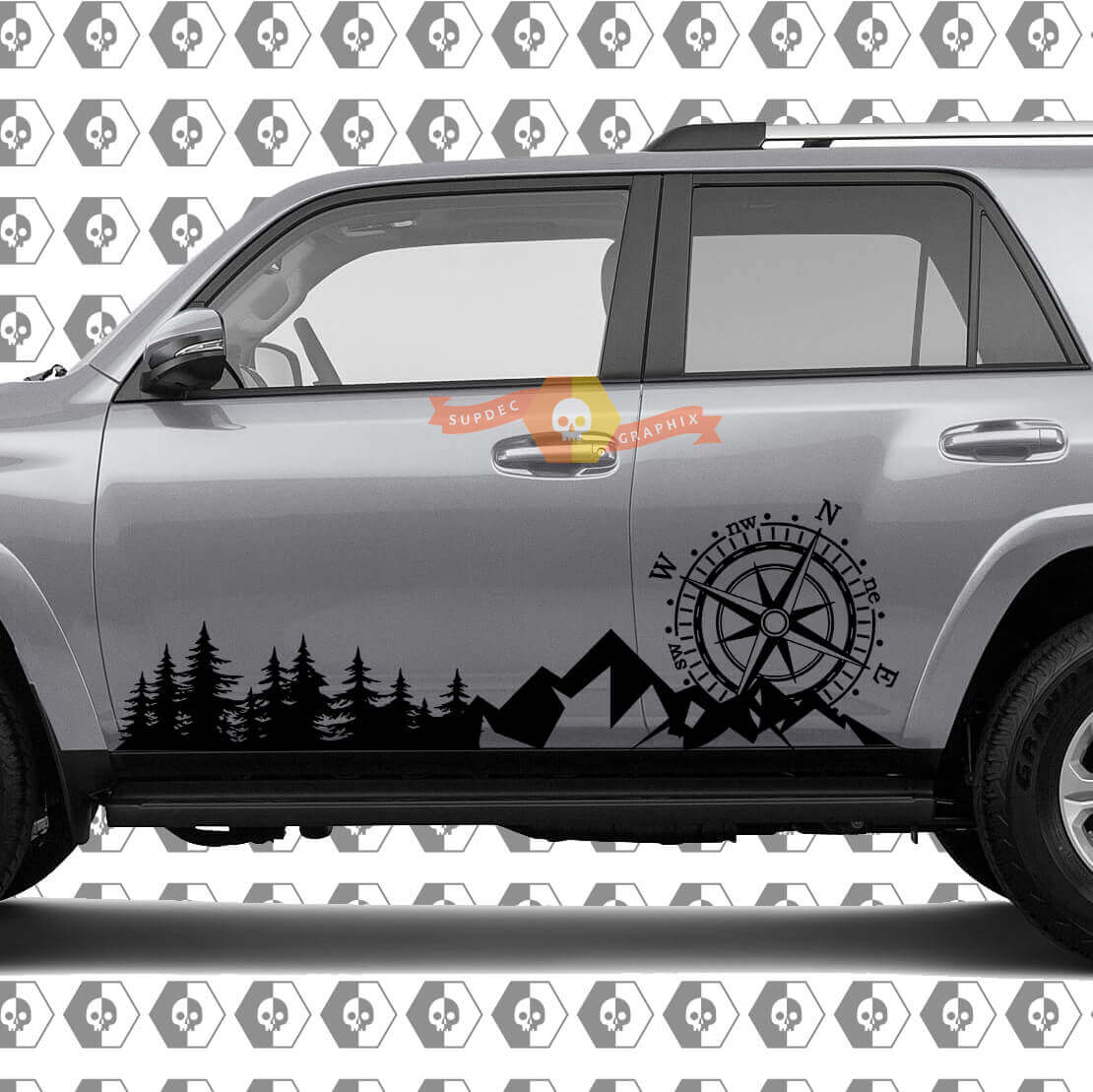Zijbomen Bergen en Enorme Kompas Zij Vinyl Sticker Decal passend voor Toyota 4Runner 13-22 TRD Vijfde generatie
