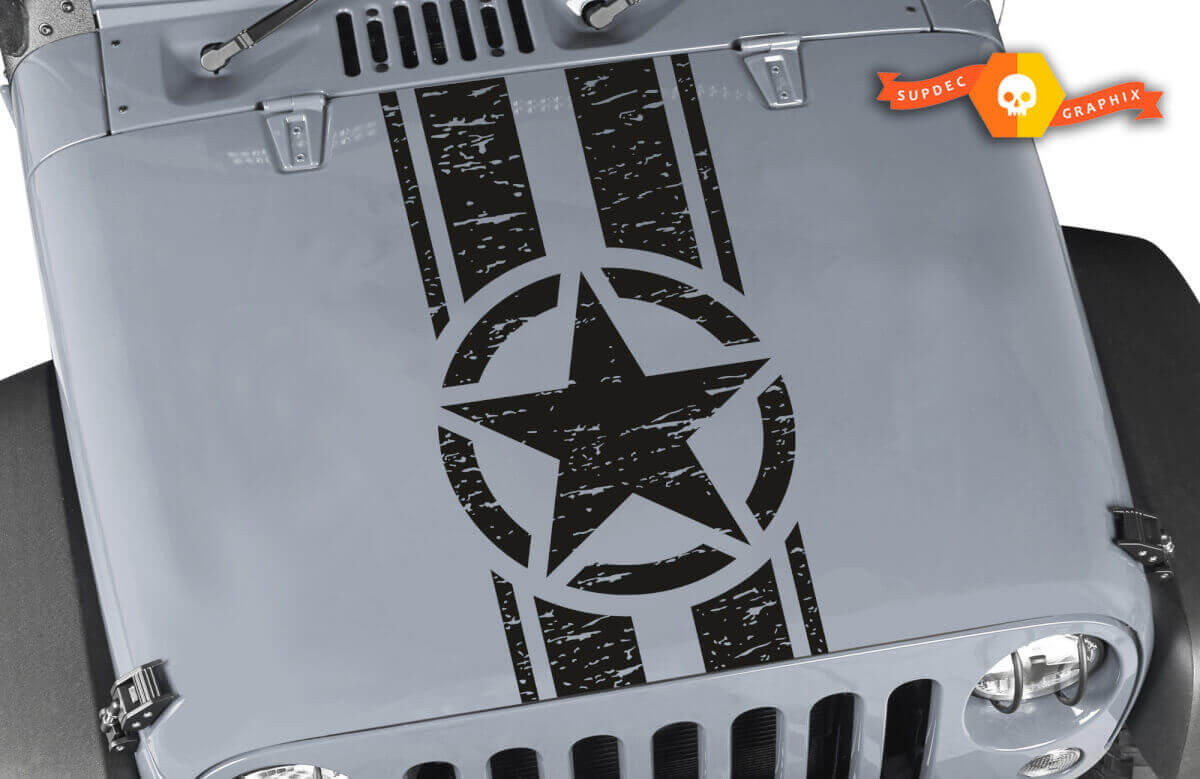Versleten militaire ster motorkapstrepen vinylsticker voor Jeep Wrangler