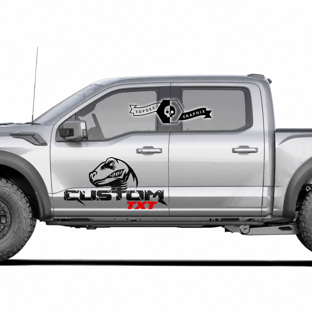 CUSTOM TXT Rood Accent Dinosauruskop Paar Deur Vinyl Decal Sticker voor Ford F-150 2022
