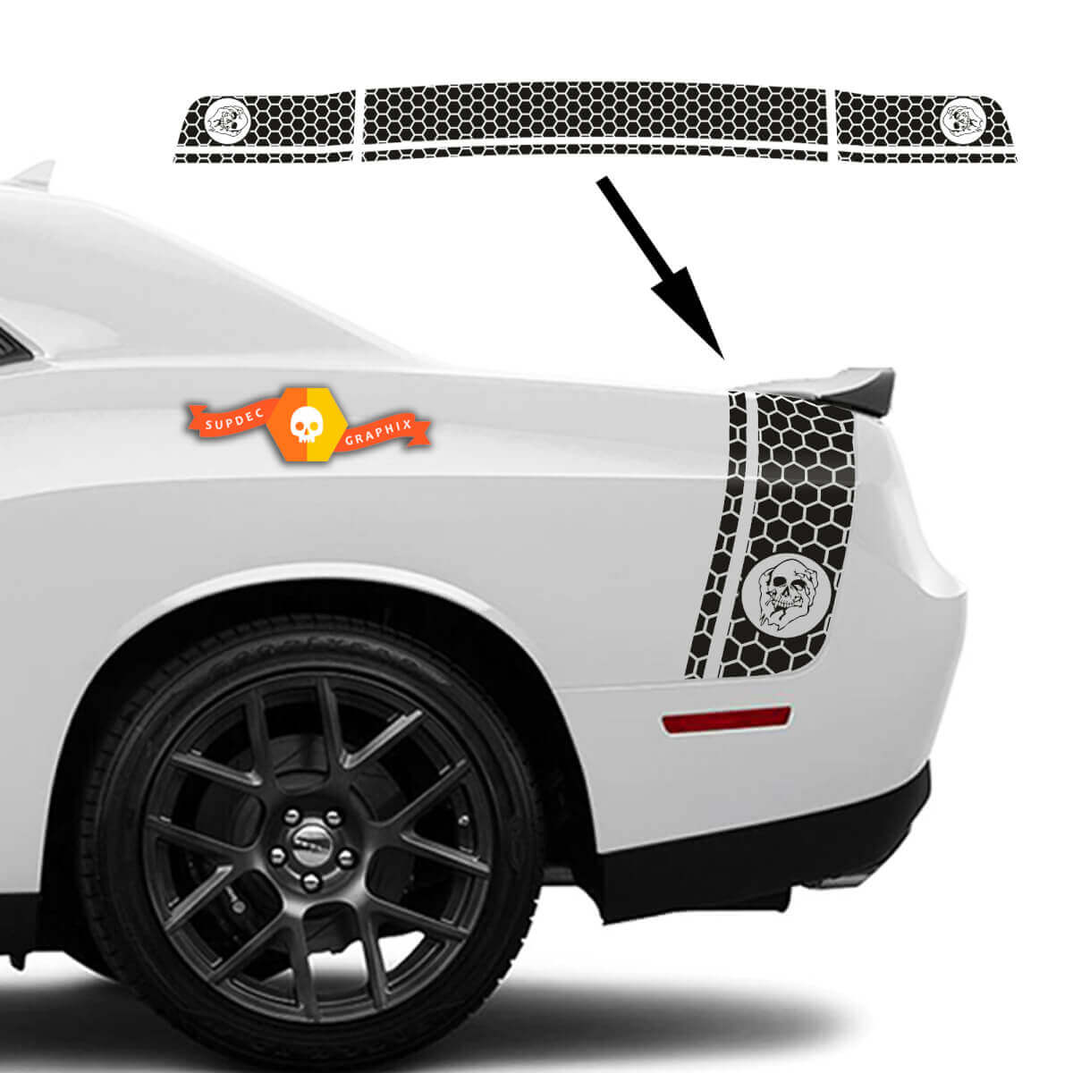 Dodge Challenger zij- en achterband Skull in Hand Honeycomb Decal Sticker graphics
