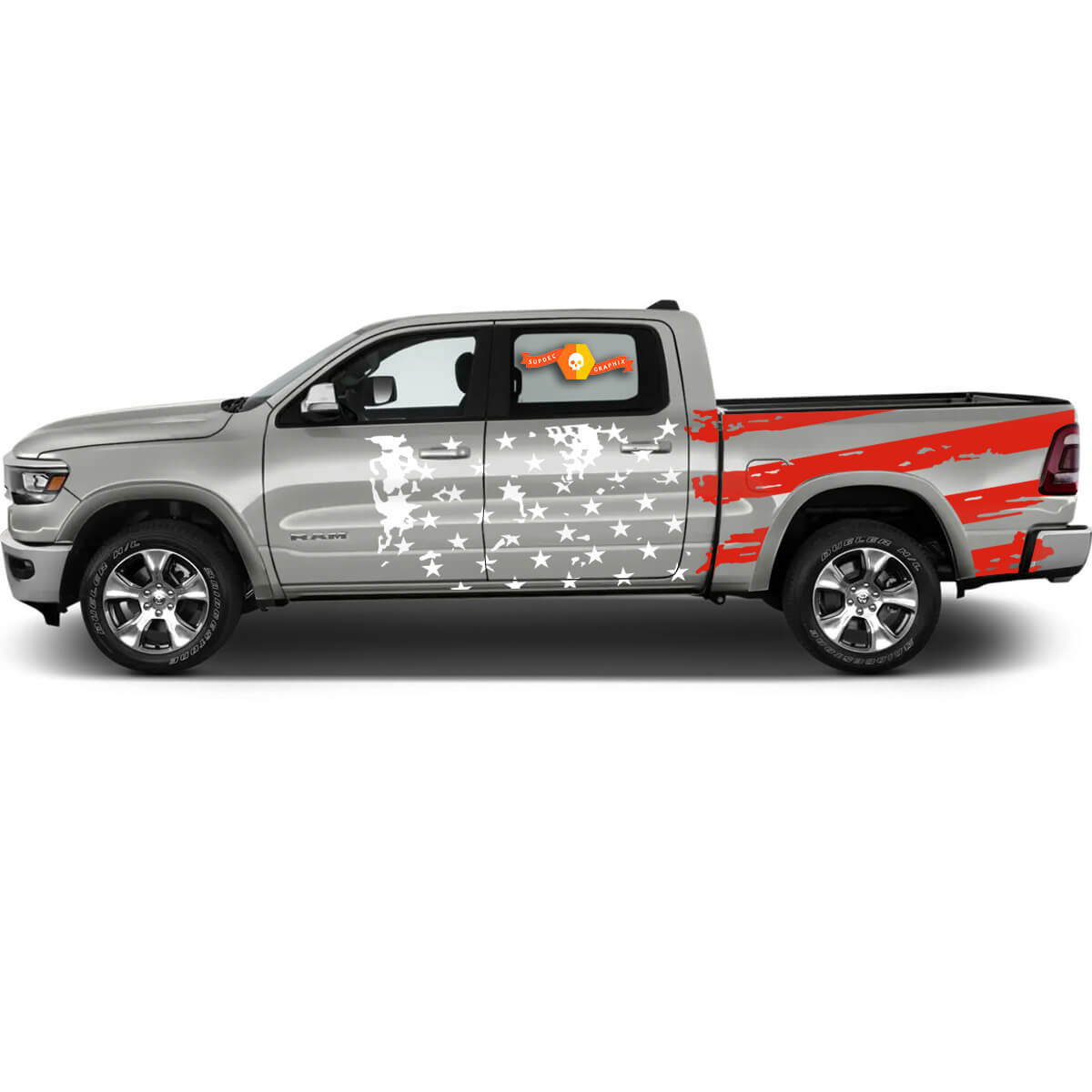Paar Dodge Ram Rebel Distressed Flag USA 2021+ Twee kleuren Deurbed Side Stripe Grunge Truck Vinyl Decal Graphic