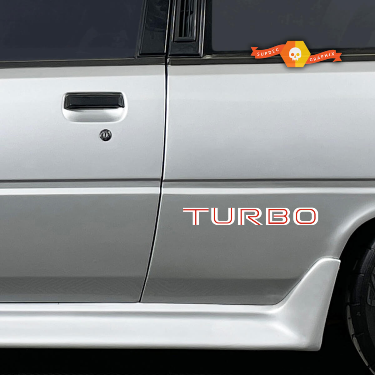 Paar Mitsubishi Cordia Turbo zijvinyl body stickers sticker graphics 2 kleuren

