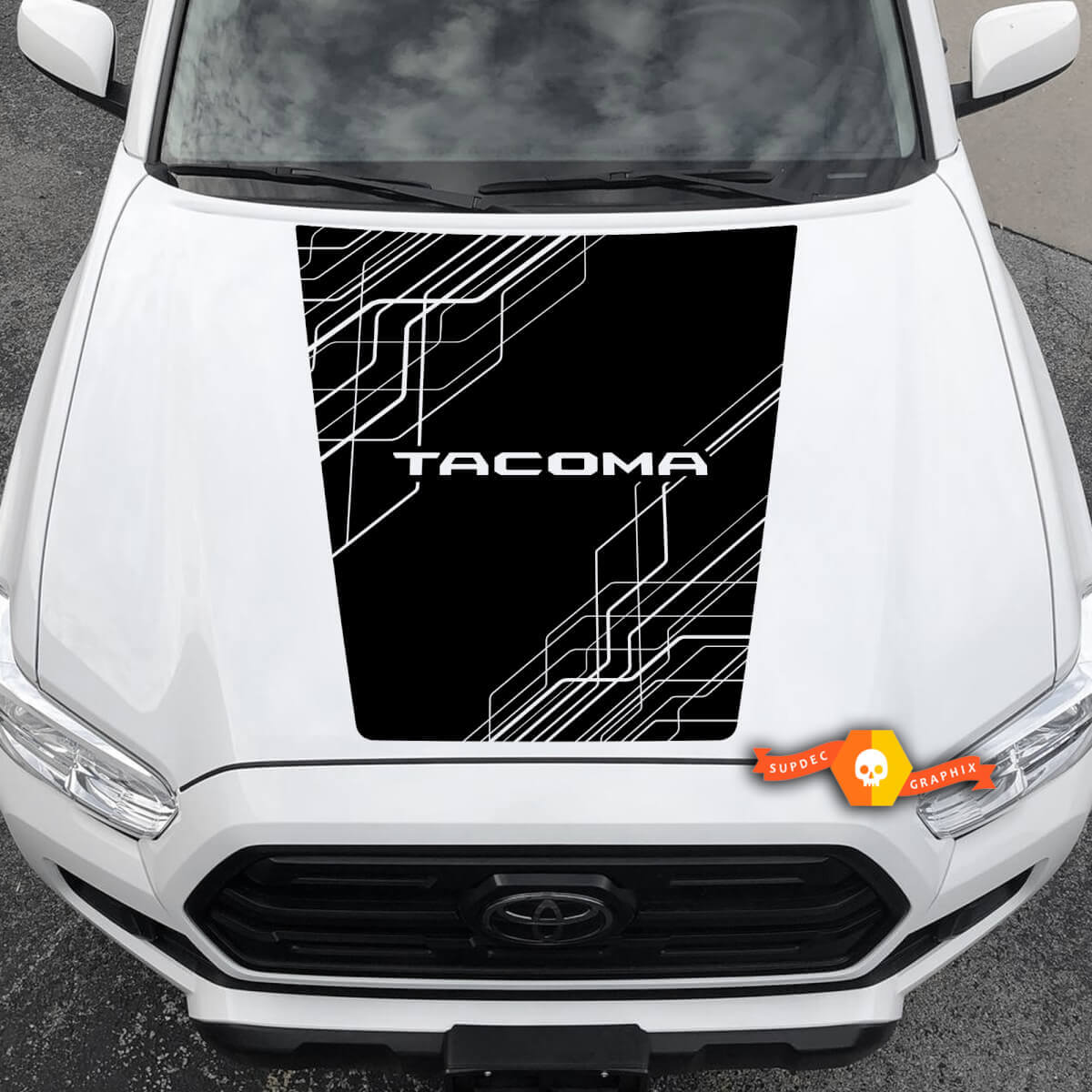 Moderne 2016 - 2021 Toyota Tacoma motorkap Abstracte lijnen Gebroken symmetrie Vinyl Decal Sticker Graphics - Geen luchtinlaat!
