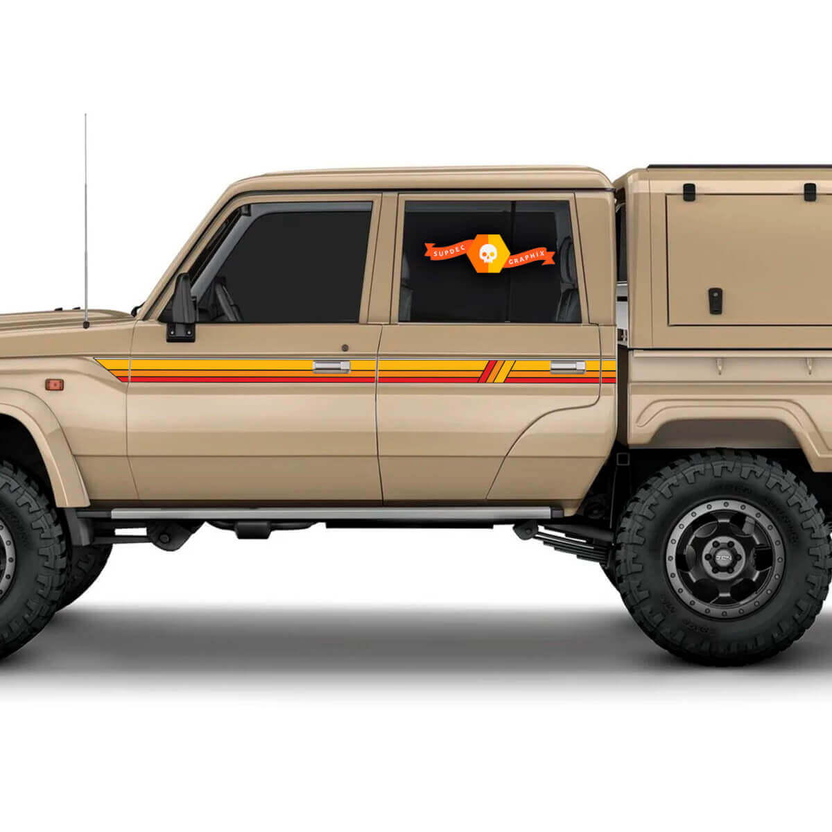2 TOYOTA Land Cruiser LANDCRUISER Cab LC79 Strepen ROOD AARDE Kleuren Zonsondergang Grafische Strepen
