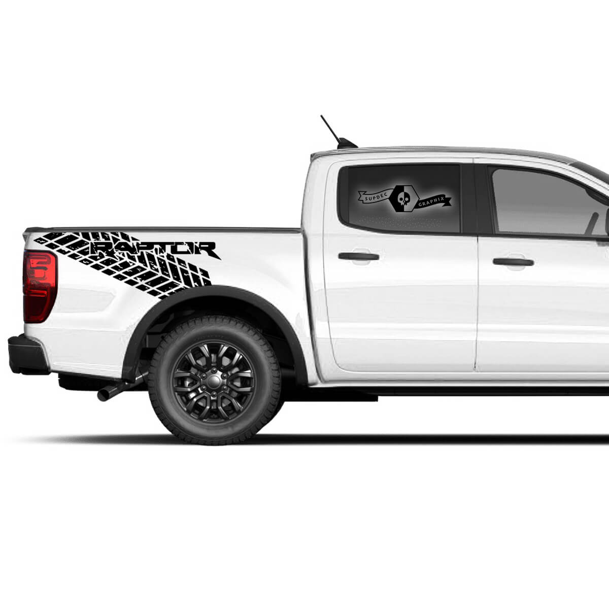 2x moderne nieuwe Ford F150 Raptor 2022 Bandensporen klauwen zijbed grafische sticker sticker