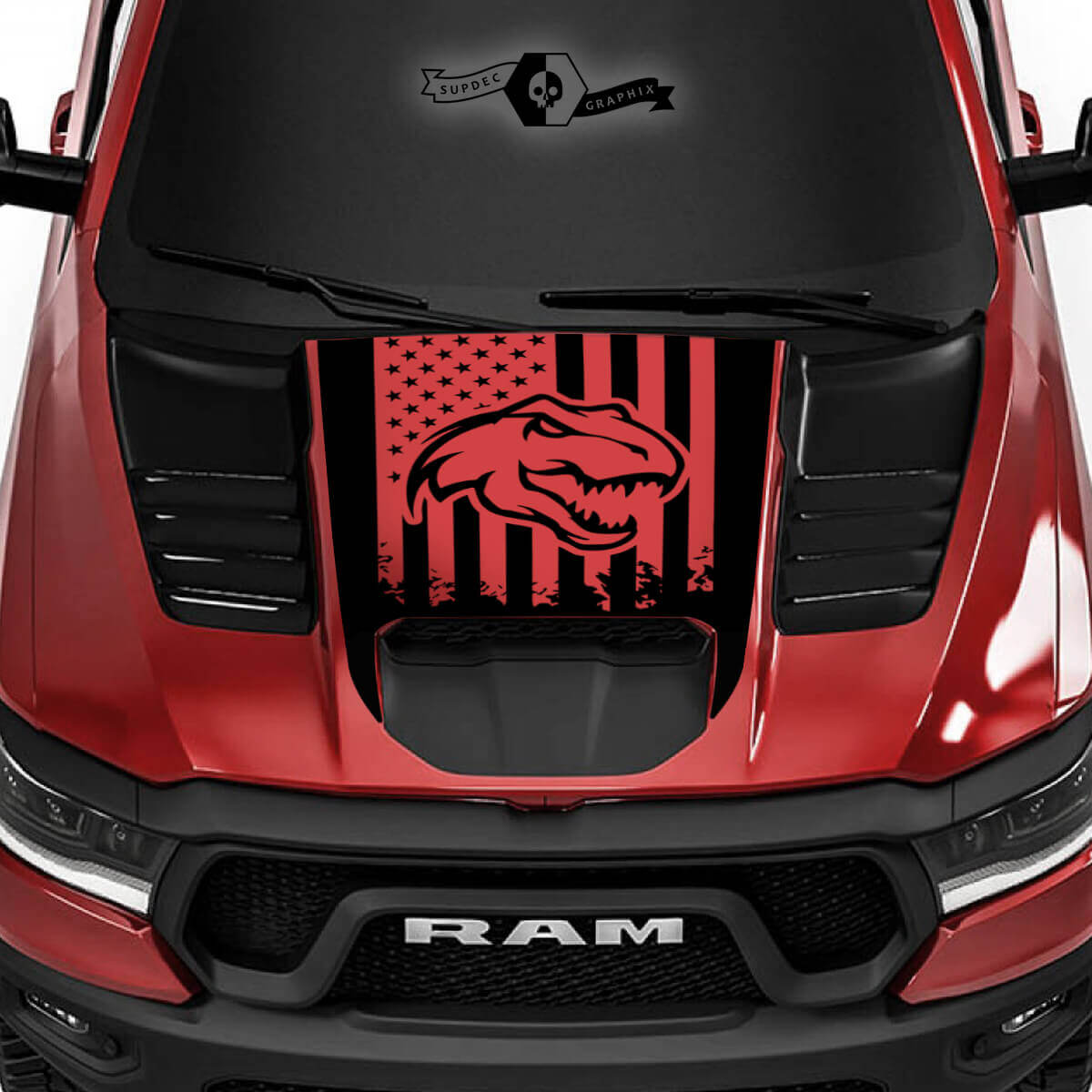Dodge Ram Rebel 2022+   2023+ 1500 TRX T-Rex Hood Vlag VS Vernietigd TRX Truck Vinyl Sticker Decal Grafisch
