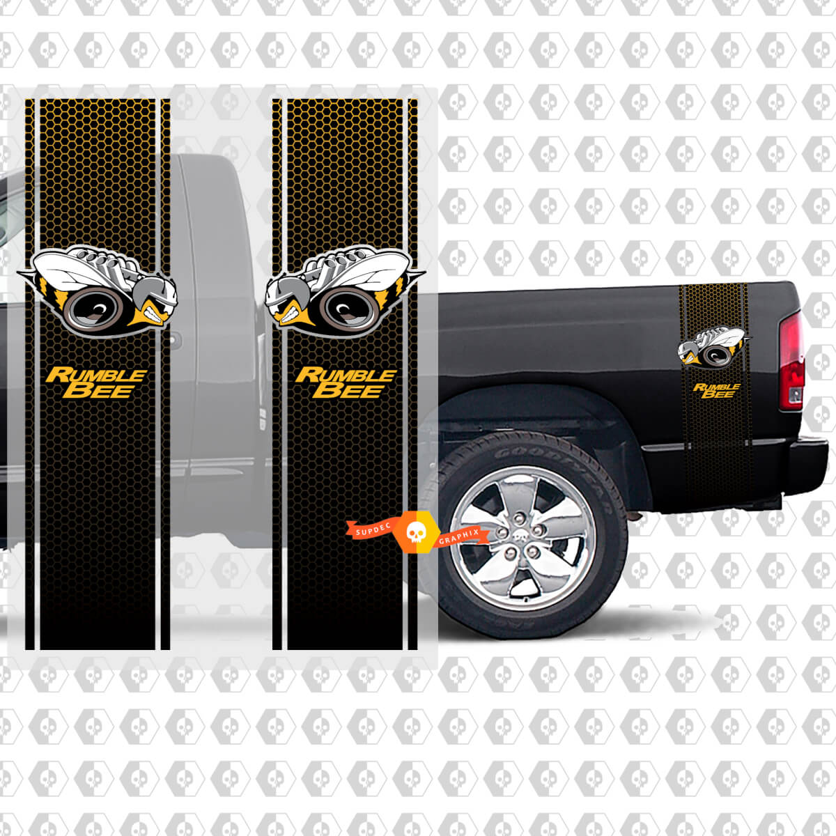 2x Dodge Ram Rumble Bee zwarte strepen gele honingraten stickers stickers pick-up 1500

