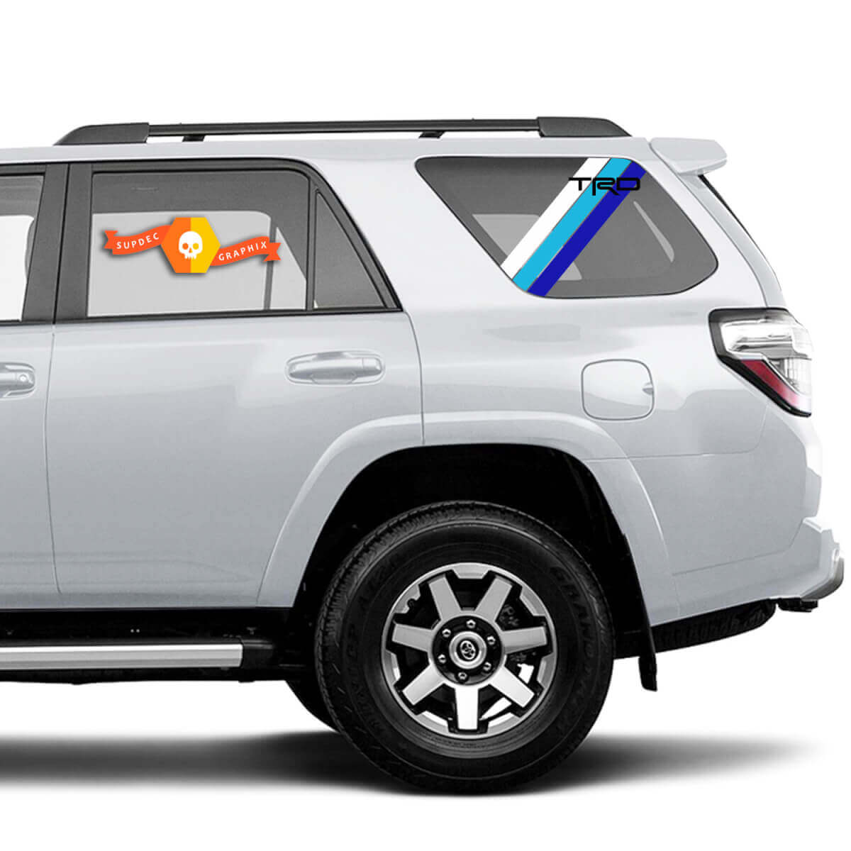 Paar 2010-2023 Toyota 4Runner Retro PRECUT Window Racing Stripes TRD Stripes Side Vinyl Decals Stickers - Wit Licht Blauw Blauw

