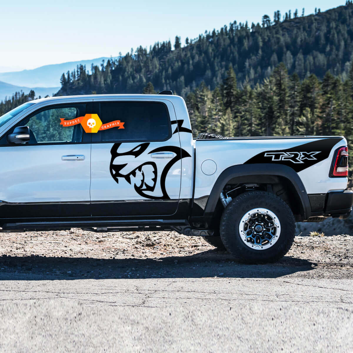 Paar Dodge Ram TRX Hellcat 2021+ Splash Ram Head Doors Bed Logo Truck Vinyl Sticker Decal bed Graphic
