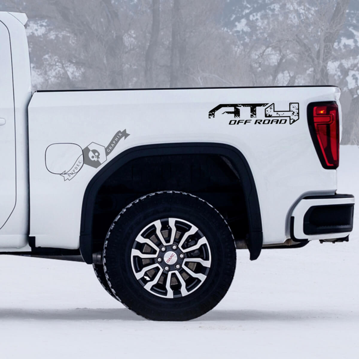 2 GMC GM Sierra 1500 AT4 zijbed vernietigd, vernietigd off-road 4x4 stickers
