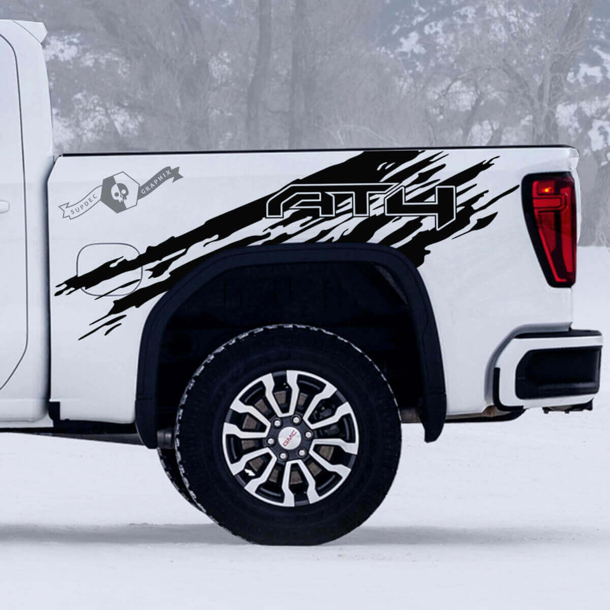 2 Nieuwe GMC GM Sierra 1500 AT4 Bed Splash Off-Road Side Destroyed Decals Stickers

