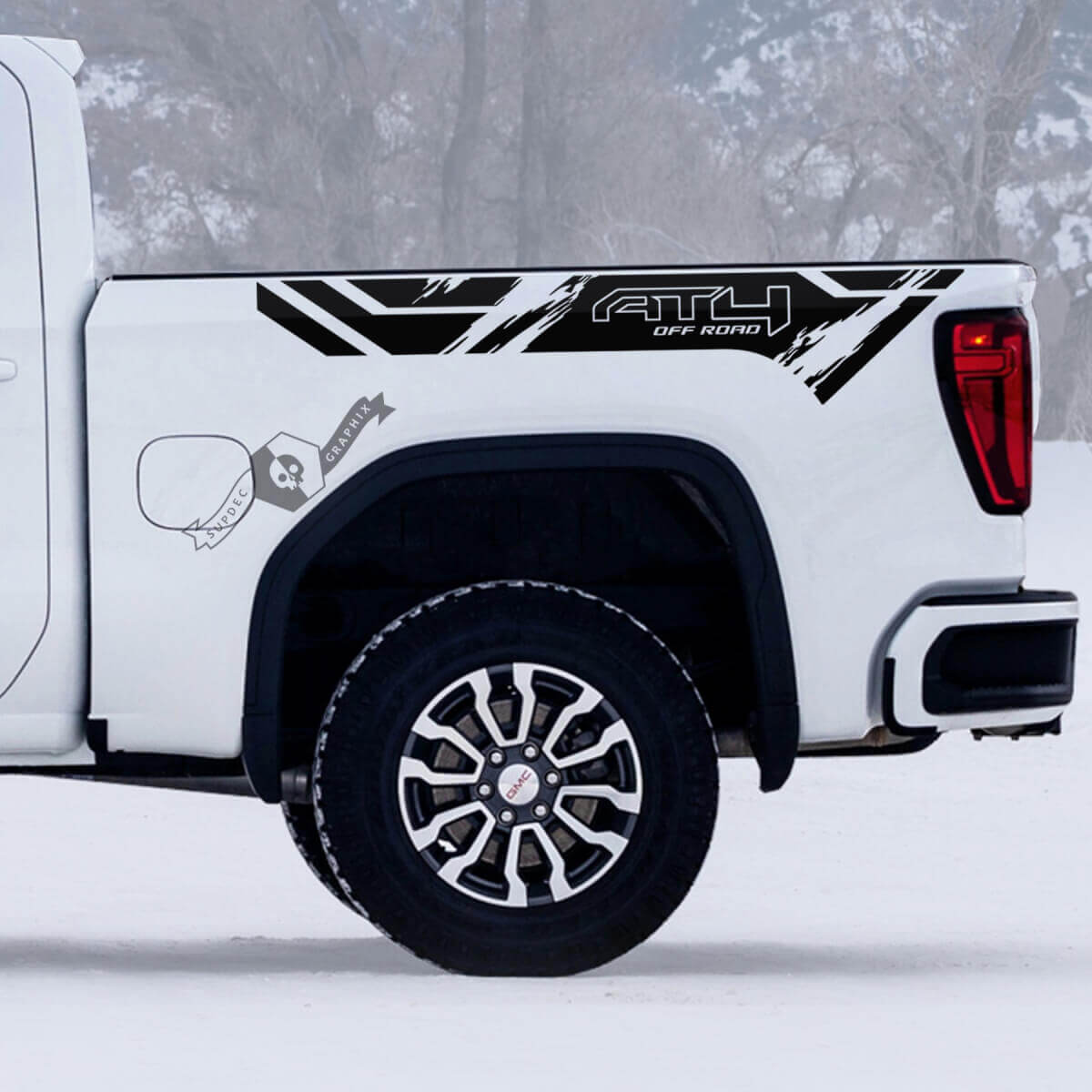 2 Nieuwe GMC GM Sierra 1500 AT4 Bed Grange Off-Road Zij Destroyed Decals Stickers
