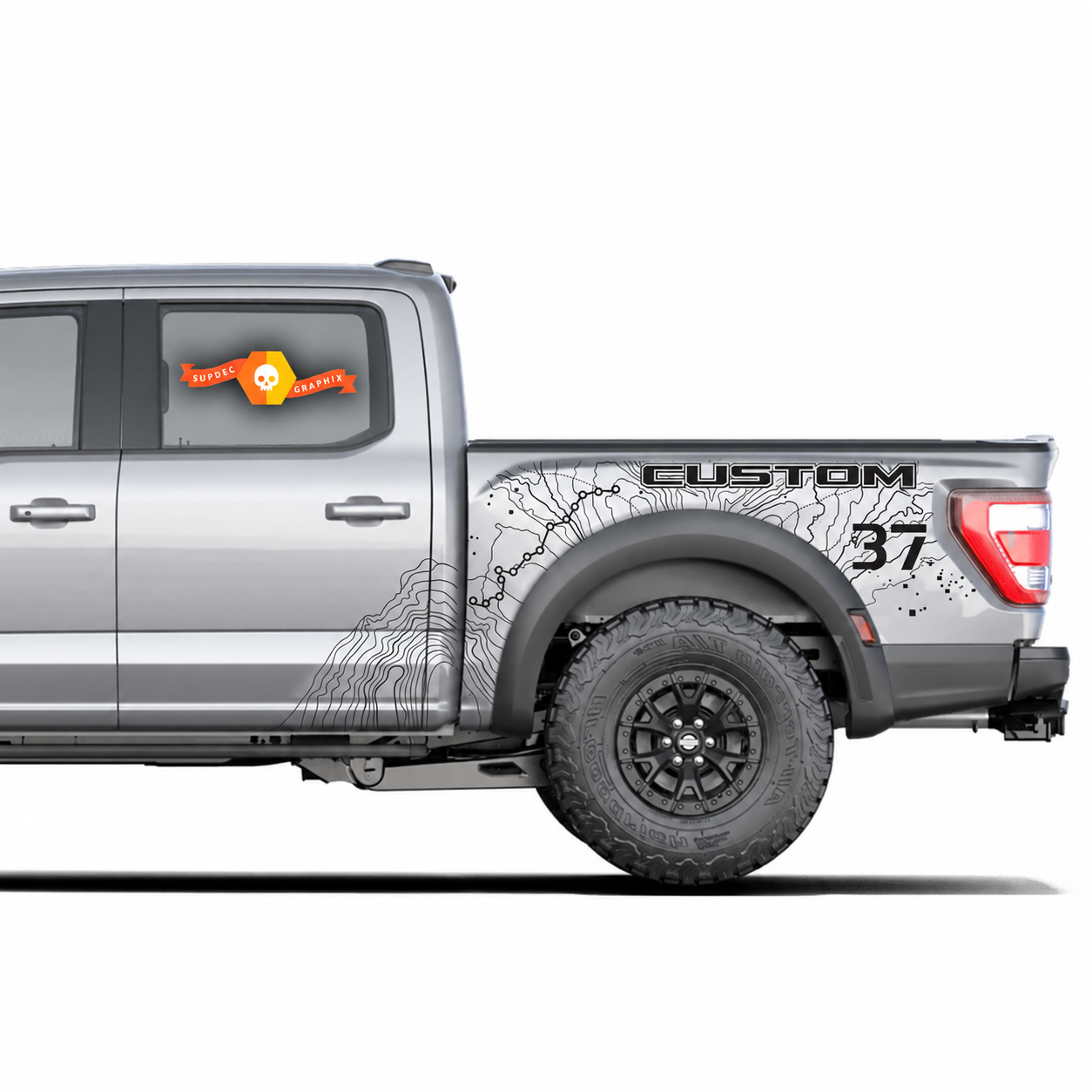 SVT CUSTOM Topographic Map Splash 37 — Vinylsticker (laadbakzijkant) voor Ford F-150 Raptor 2023