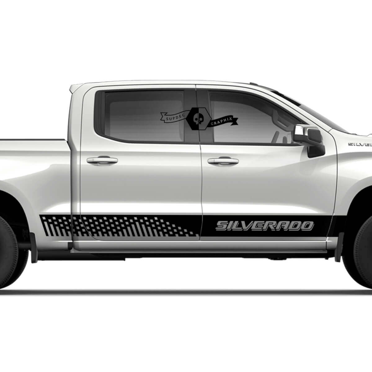 Paar Chevrolet Silverado zijrockerpaneel Pixel Logo Deuren Streep Vinyl Decal Sticker
