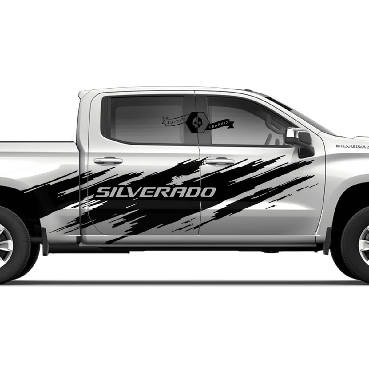 Paar Chevrolet Silverado 2022 + 2023 zijdeuren Bed Splash Wrap vernietigd Logo Streep Vinyl Decal Sticker
