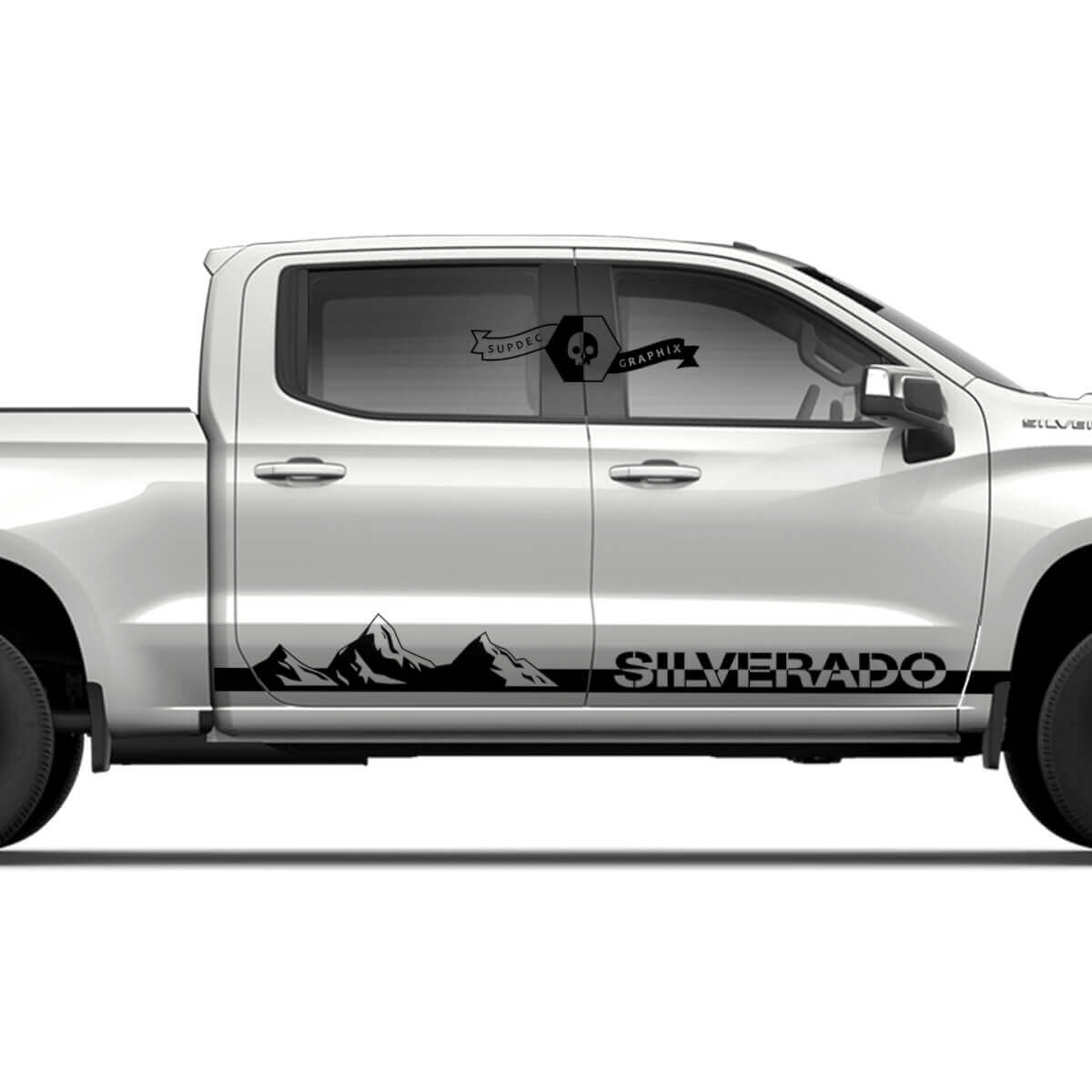 Paar Chevrolet Silverado zijrockerpaneel bergen schaduwdeuren streep vinyl sticker decaal
