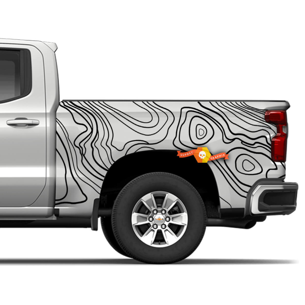 Zijkant Vrachtwagen Chevrolet Silverado Topografische kaart contour achtergrond Topografische kaart Uitgesneden Vinylstickers grafische sticker
