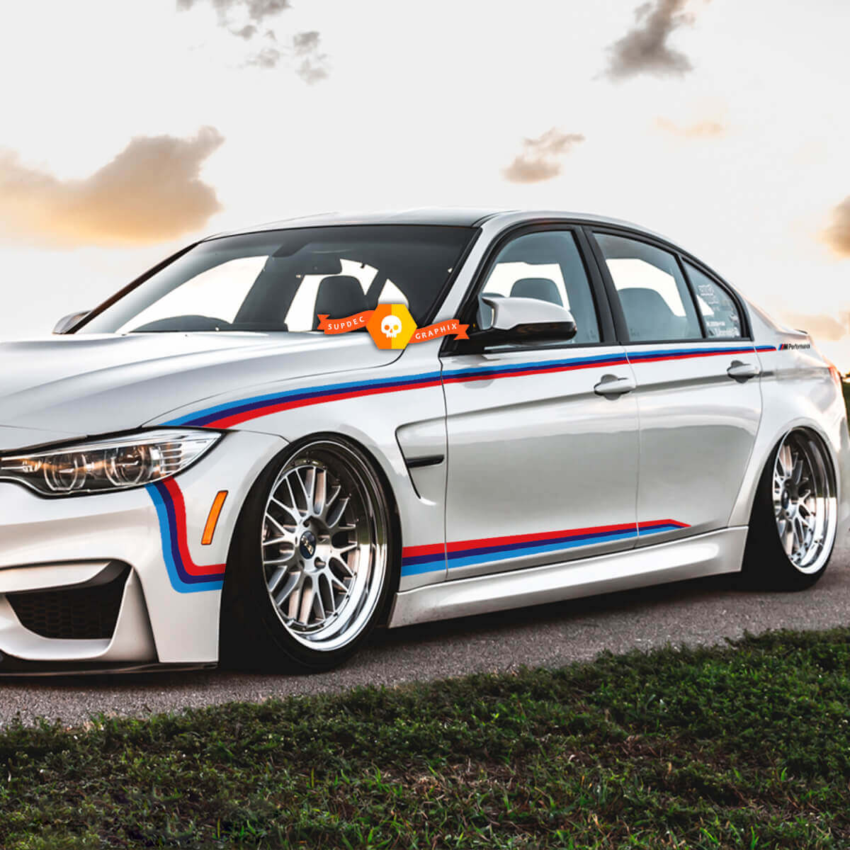 Paar BMW M kleuren strepen voor ZIJdeuren Bumper Spatbord Vinyl Decals Stickers
