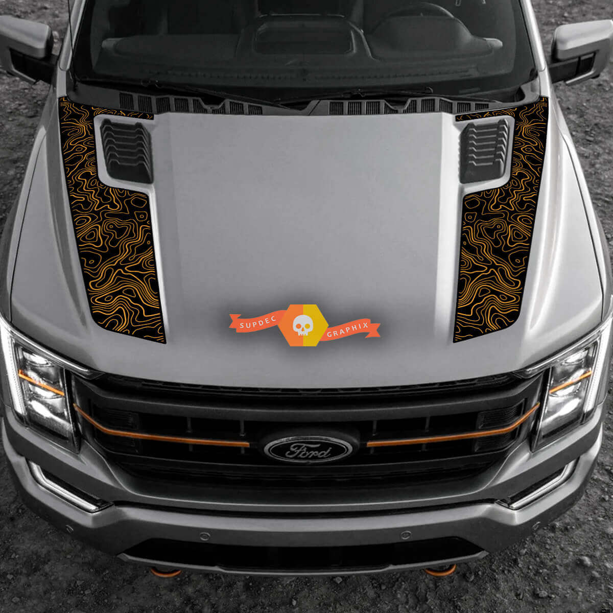Topografische stijl motorkapstrepen vinyl sticker voor Musclecar F-150 2022-2023