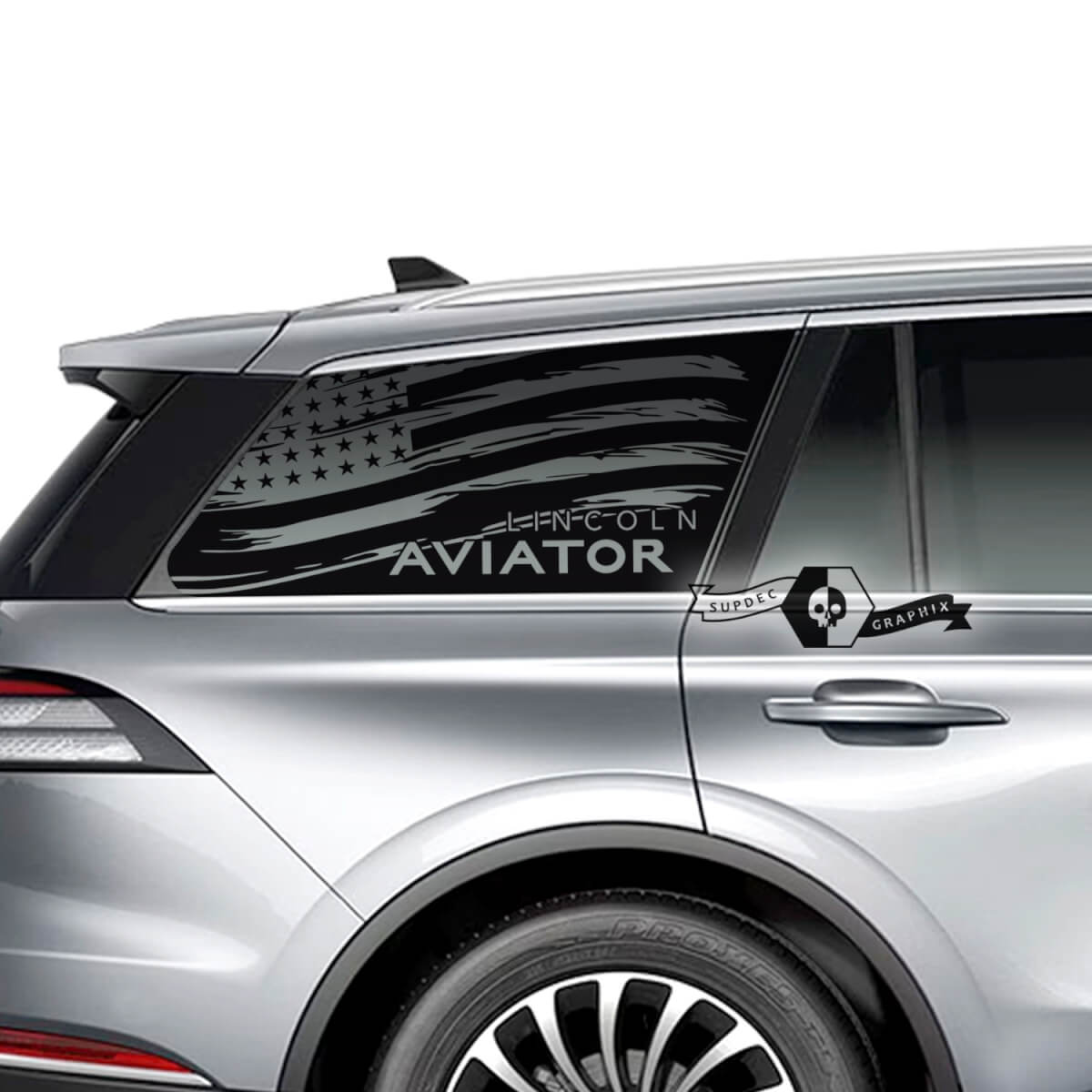 2 x Lincoln 2023 Aviator Window Amerikaanse vlag vernietigd logo Aviator vinyl stickers grafische sticker
