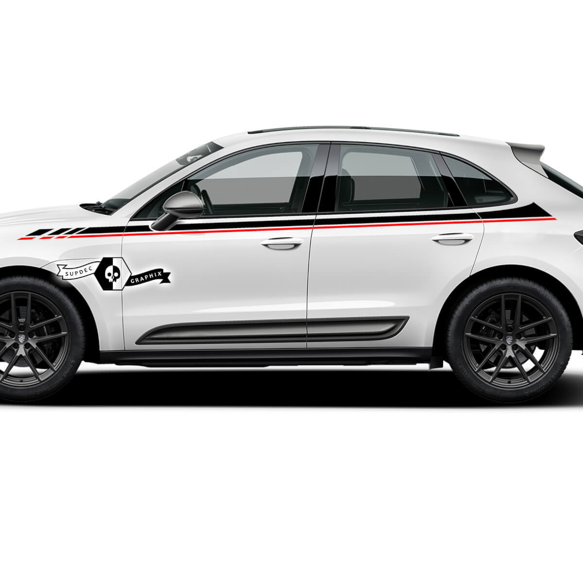 2x Porsche 2023 Porsche Macan T1 Side Dual Stripes Doors Up Top Decal Stickers 2 kleuren
