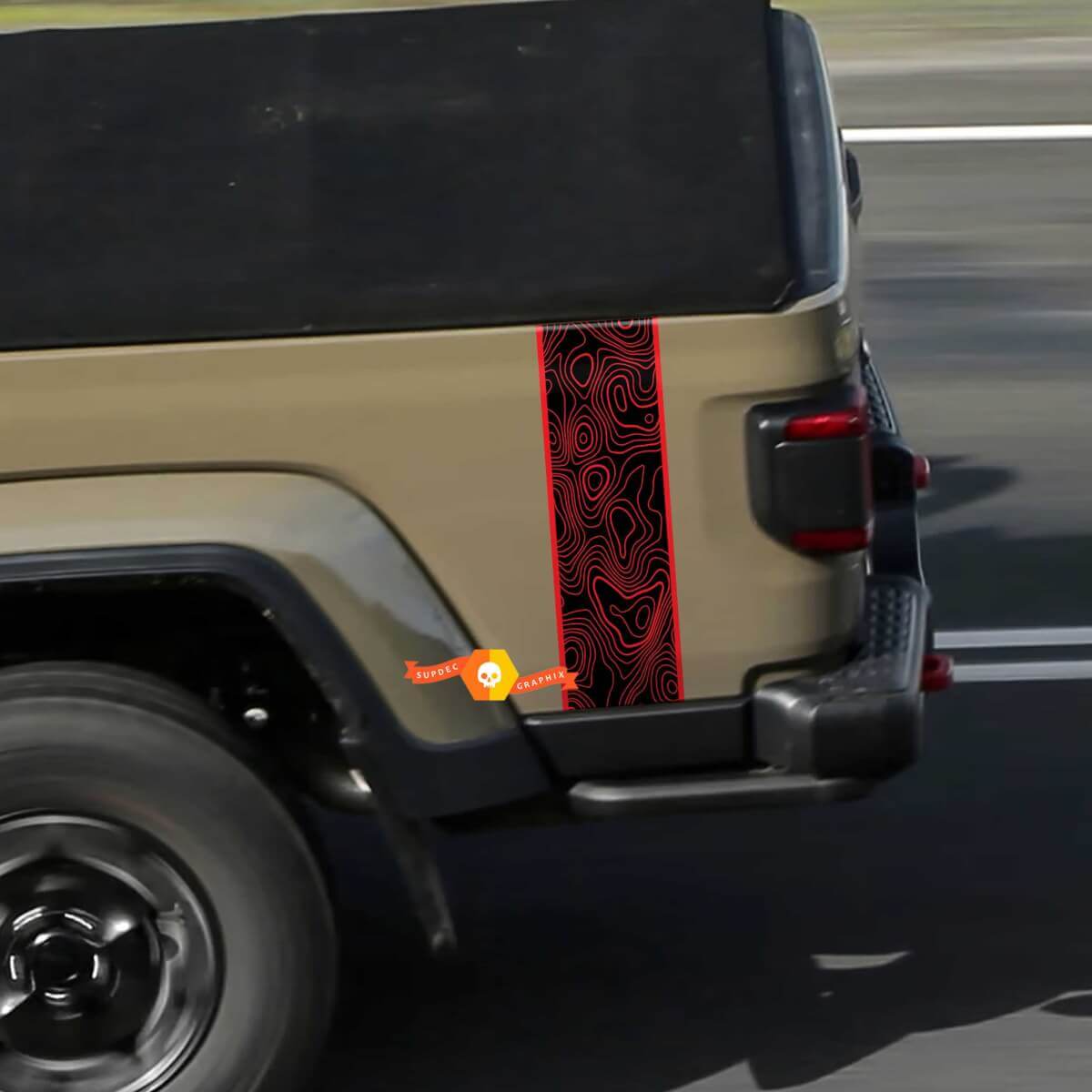 Jeep Gladiator Logo Topografische Kaart Achterzijde Mojave Stripe Vinyl Graphics 2 kleuren
