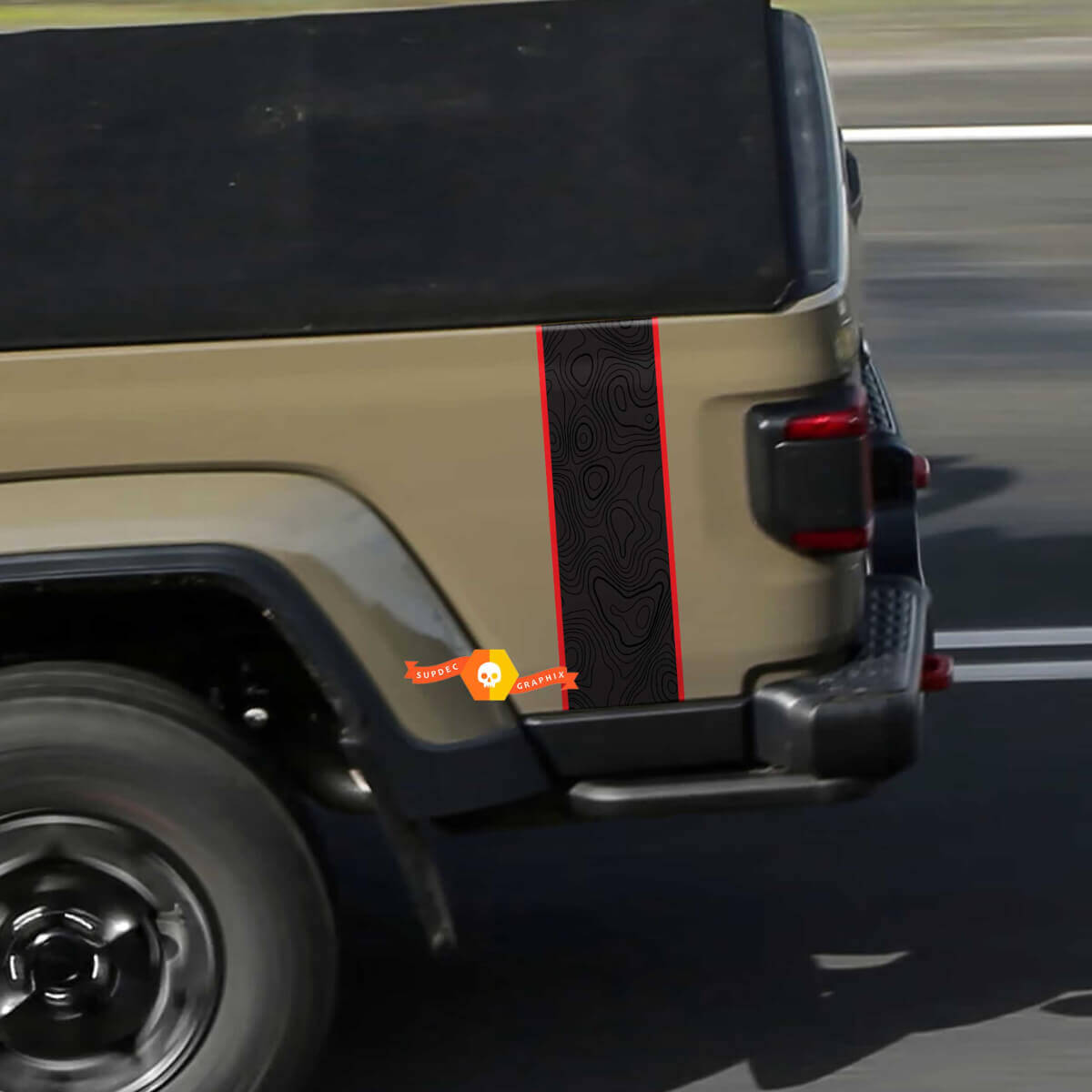 Jeep Gladiator Topografische Kaart Achterzijde Mojave Stripe Vinyl Graphics 3 kleuren
