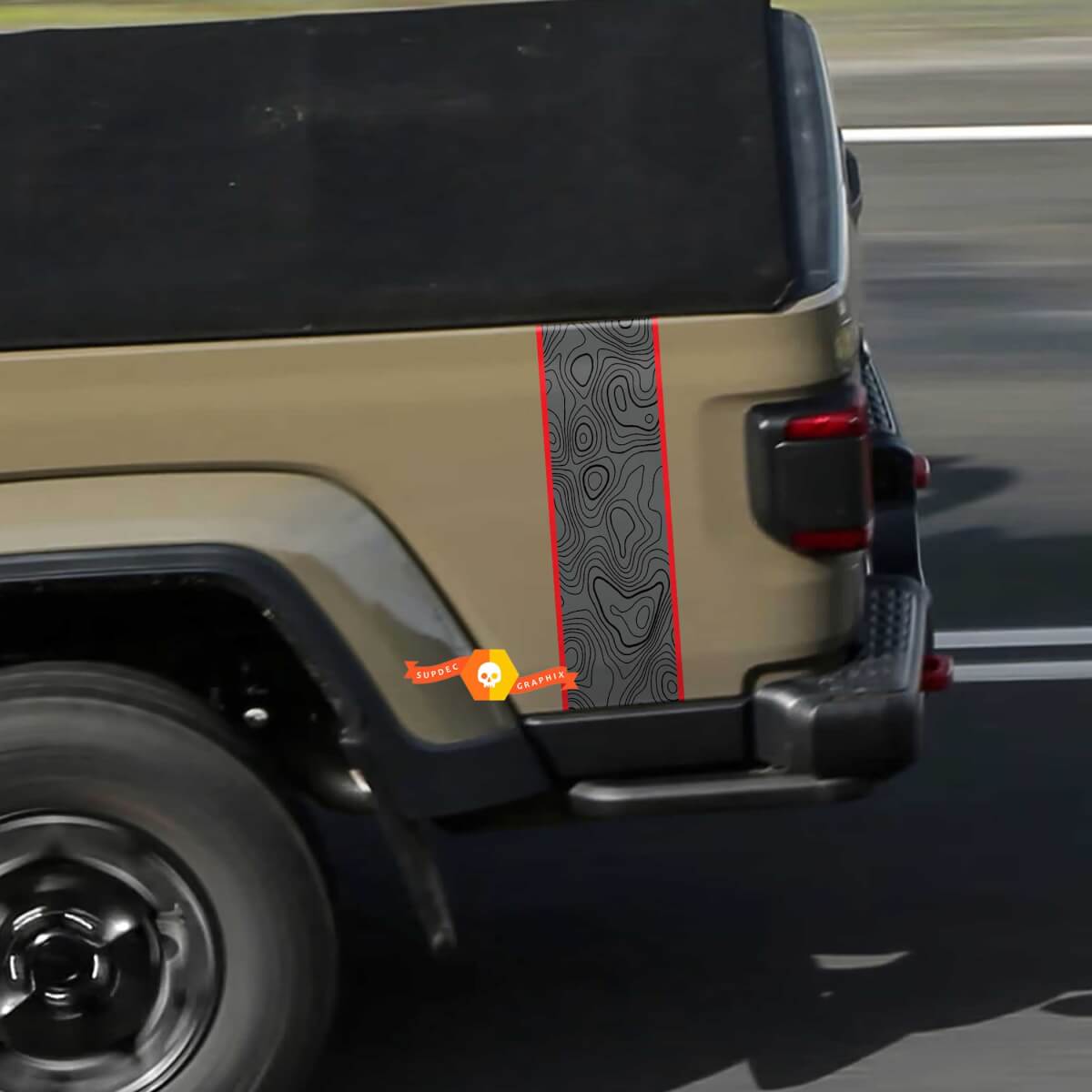 Jeep Gladiator Topografische Kaart Achterzijde Stripe Vinyl Graphics 3 kleuren
