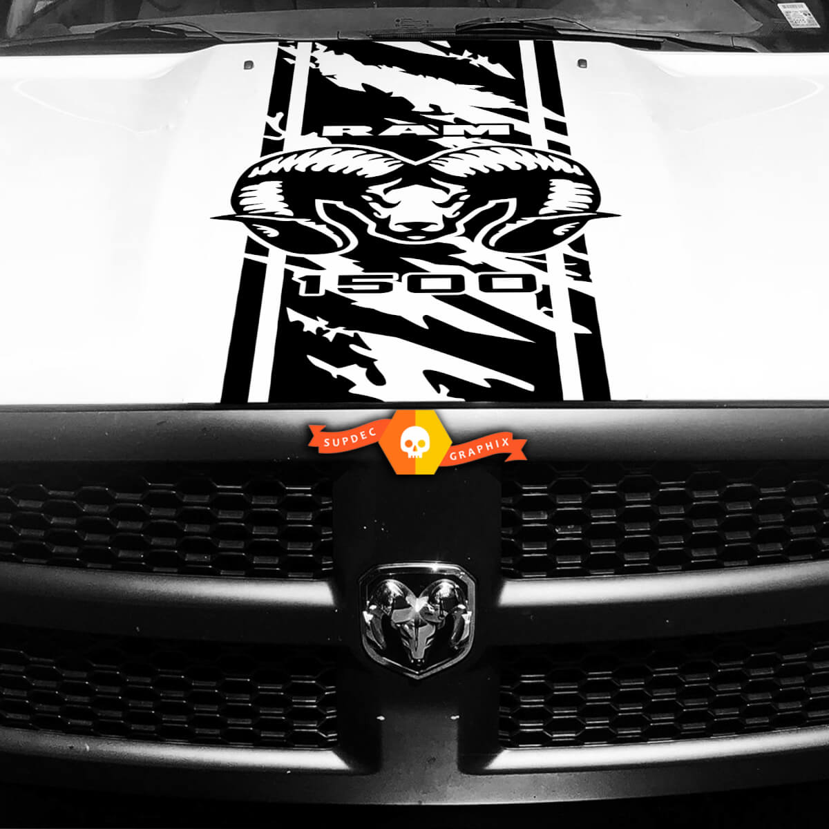 Kap sticker sticker vinyl streep voor DODGE Ram Hemi 1500 Rebel SRT Grange Design Stripe 2
