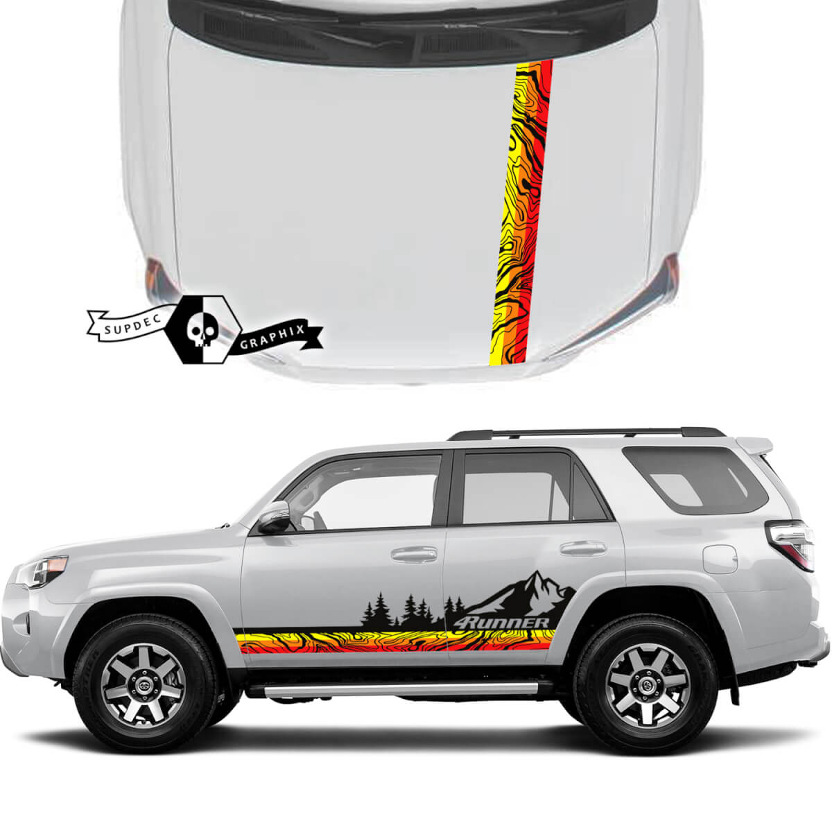 Paar 4Runner 2023 Side Door Hood Old School Sunset Vinyl Topografische Kaart Bergen Forest Decals streep Stickers voor Toyota 4Runner TRD
