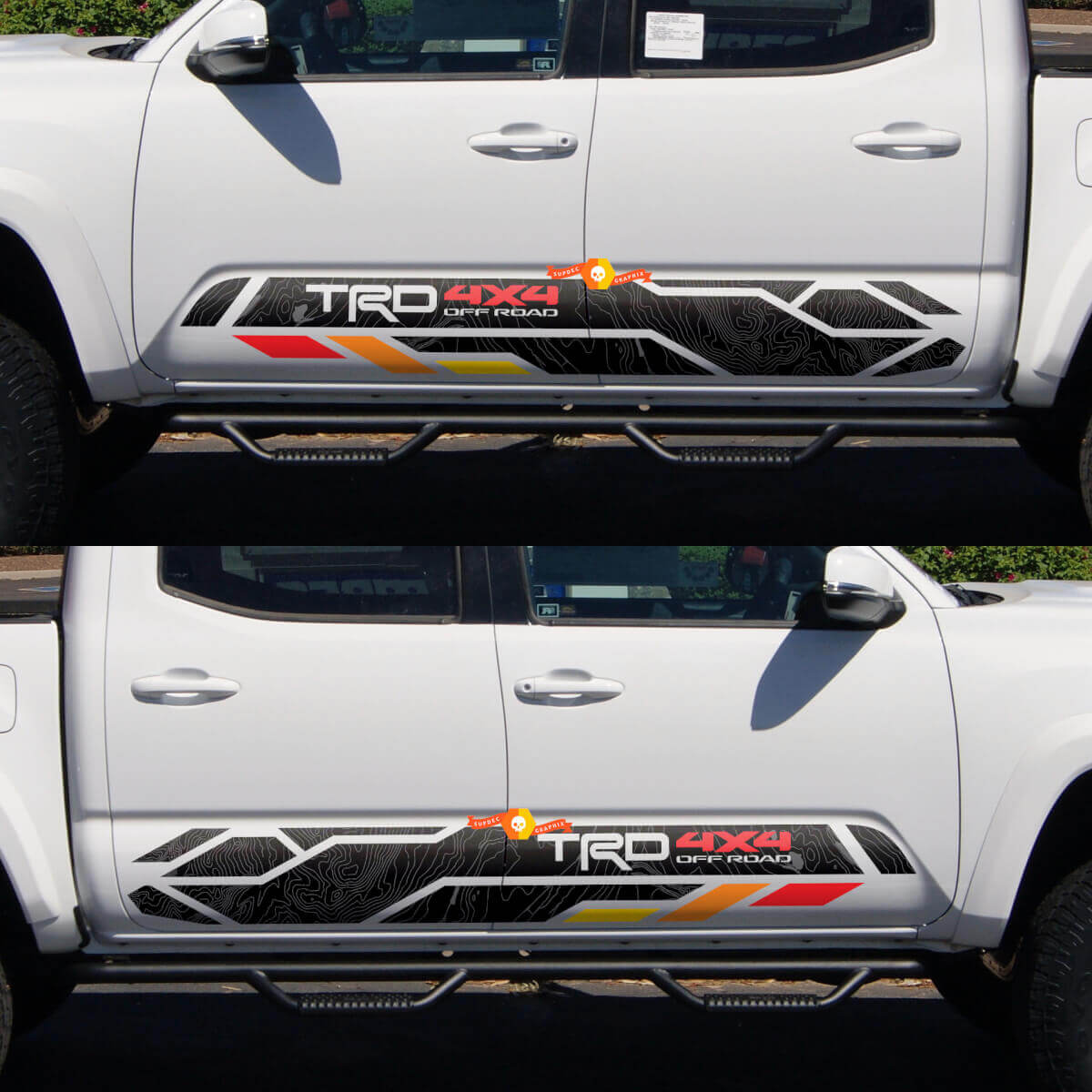 Vintage TRD 4x4 PRO Sport Off Road Rocker Panel Side Topografische Kaart Vinyl Stickers Sticker geschikt voor Toyota Tacoma 13-2020 of Tundra 13-2024
