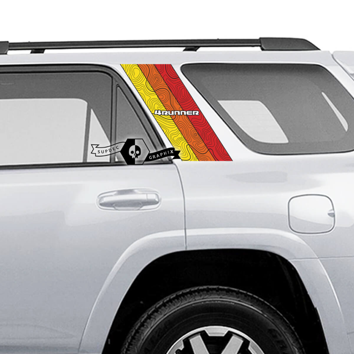 Paar 4Runner 2013 - 2023 Side Old School Topografische Kaart Topo SunSet TriColor Stripes Vinyl Decals Stickers voor Toyota 4Runner TRD SupDec Design
