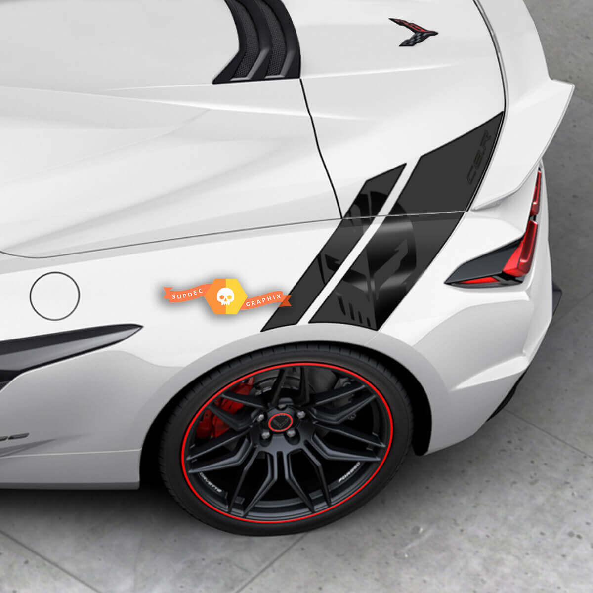 Zijbed Fender Punisher sticker grafische stickerkit Chevy Corvette Z06 C8 2 kleuren
