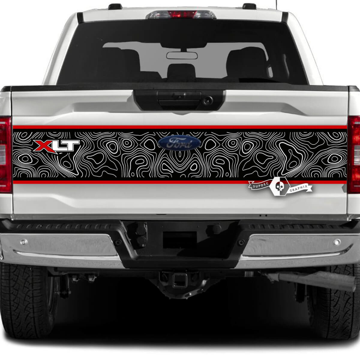 Ford F-150 XLT achterklep splash topografische kaart grafische zijstickers stickers 3 kleuren
