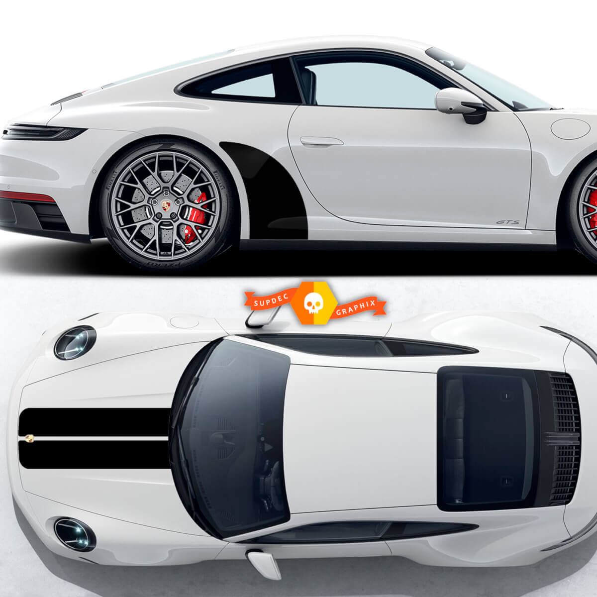 Porsche 911 GTS 992 Carrera 4 GTS motorkapstrepen en zij-achterboog kit sticker met decal
