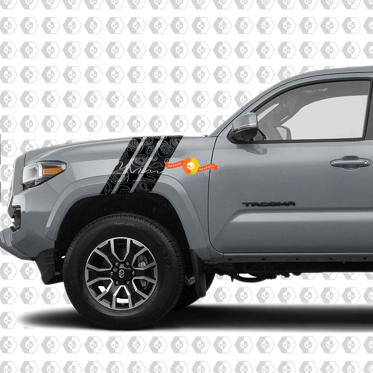 Topografische stijl voorspatbordstrepen vinyl decal set voor Toyota Tacoma 2016-24