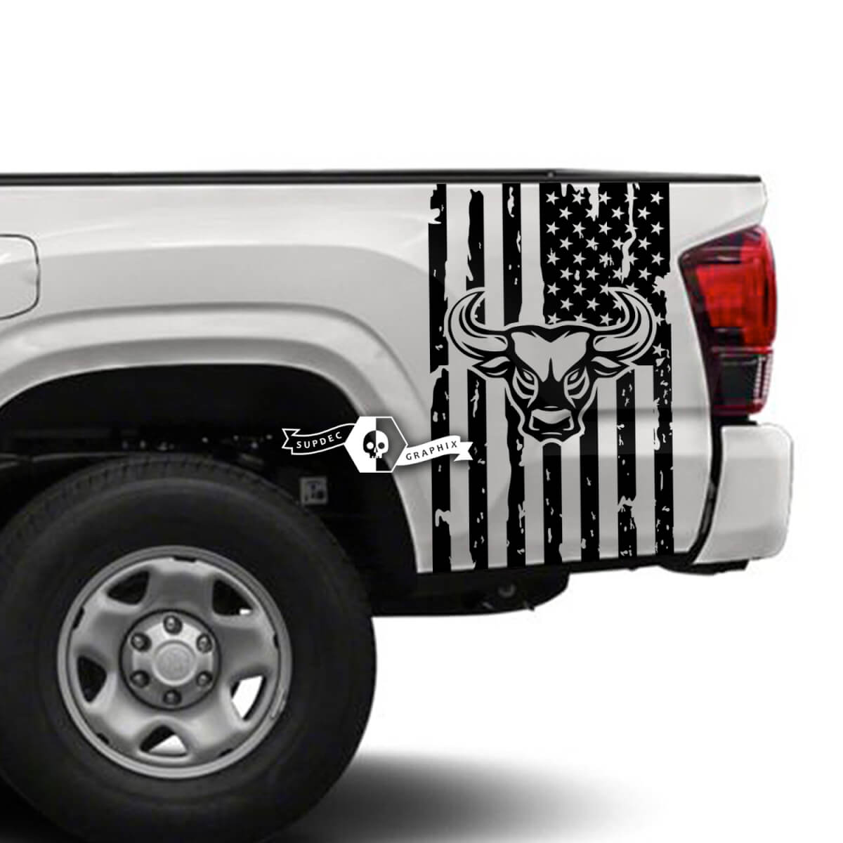 Verwoeste USA Vlag Stierenkop Bedrand Vinyl Decal Sticker voor Toyota Tacoma