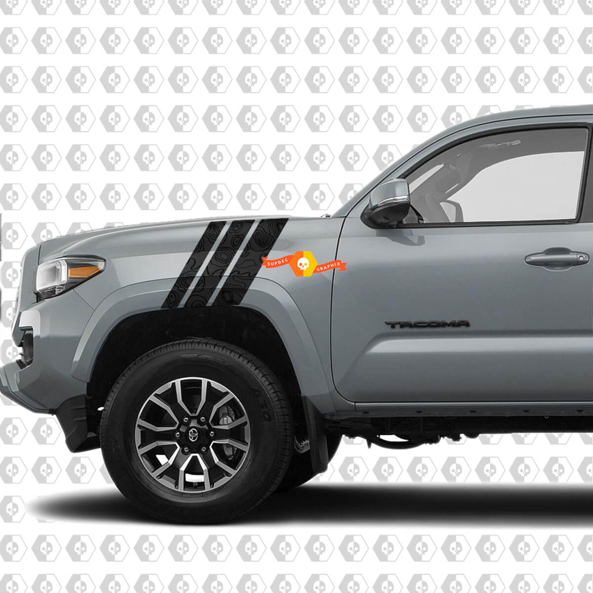 Paar Fender topografische kaart Toyota Tacoma SR5 TRD strepen vinyl stickers aan de zijkant
