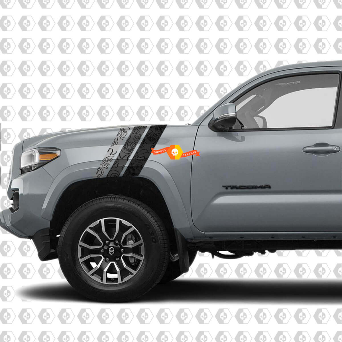 Paar Fender Hood topografische kaart Toyota Tacoma SR5 TRD strepen vinyl stickers aan de zijkant
