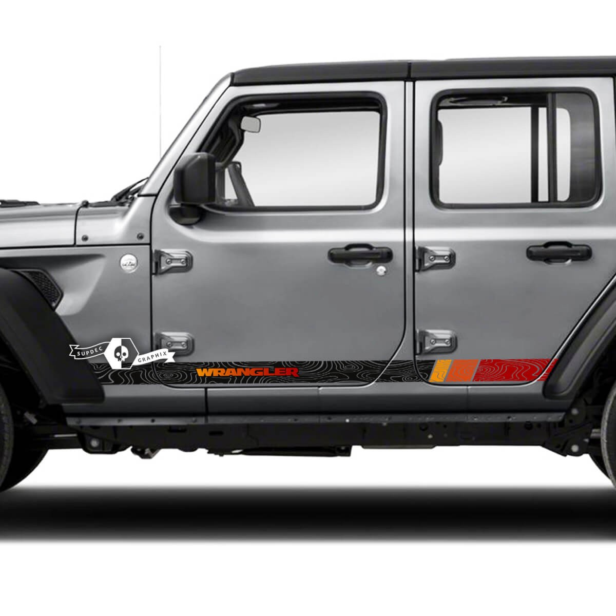 2x Jeep Wrangler Unlimited deuren spatbord topografische kaart zijstreep 4 kleuren vinyl sticker sticker
