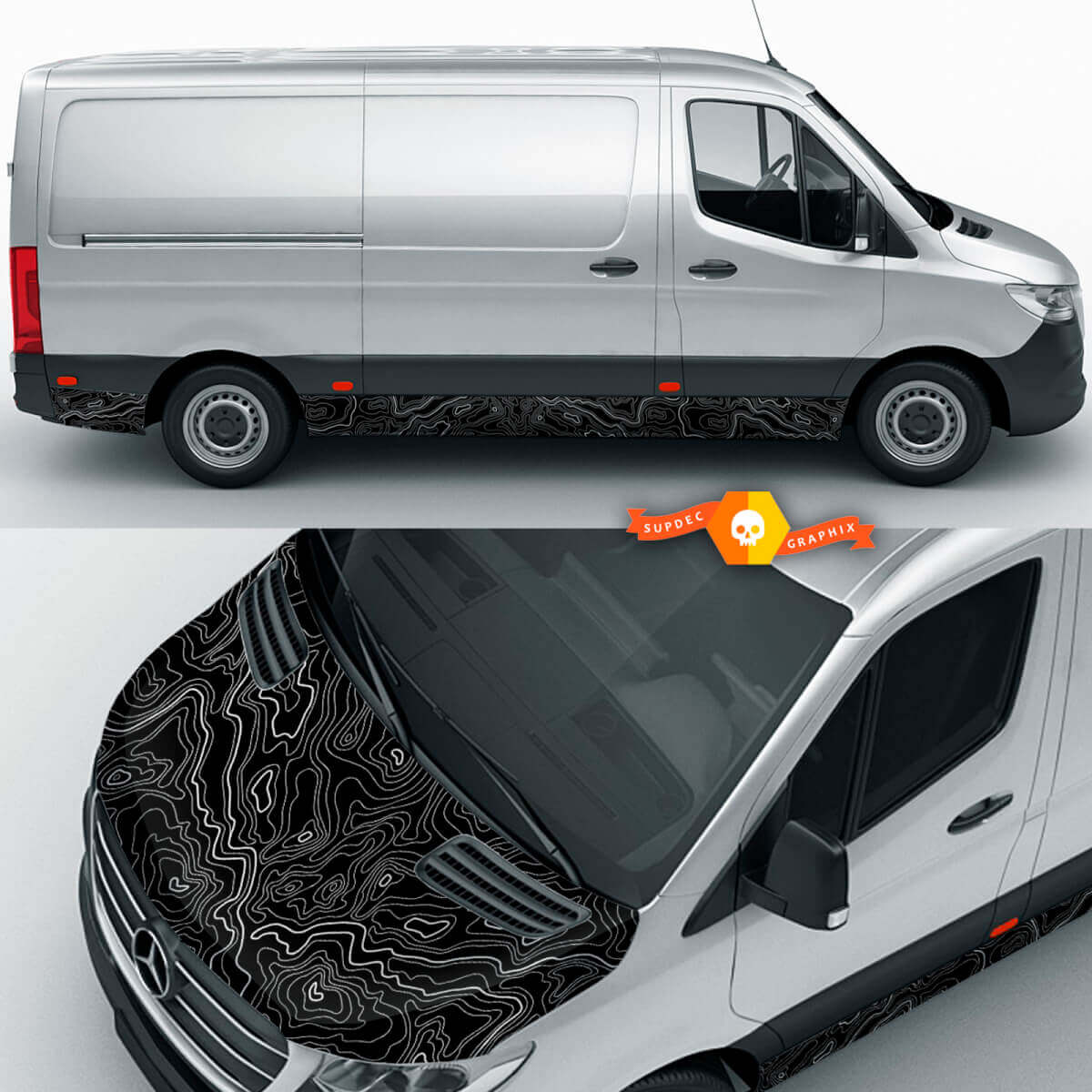 Topografische kaart wrap kapkap sticker en zijrocker paneel voor Mercedes Benz Sprinter vinylstickers sticker grafisch
