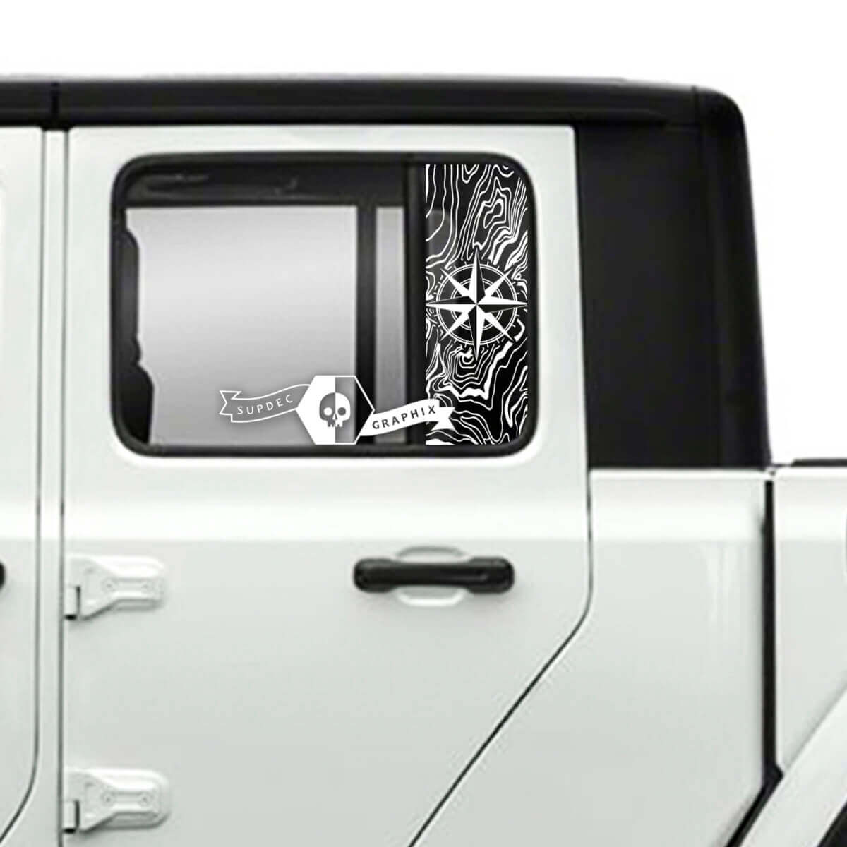 Paar Jeep Gladiator zijdeur raam kompas topografische kaart Topo stickers stickers vinyl graphics streep
